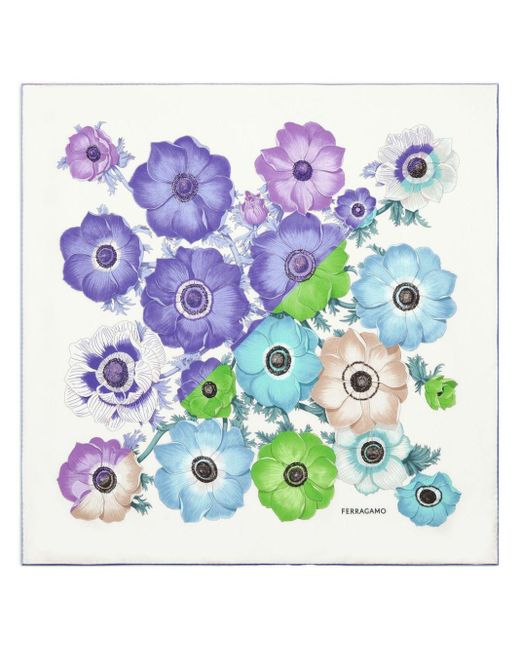 Ferragamo Blue Floral-print Silk Scarf