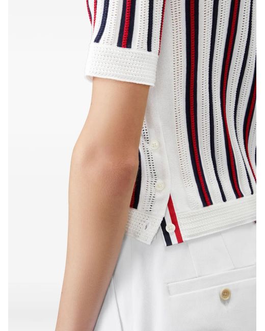 Thom Browne White Striped Crochet-Knit Polo Shirt