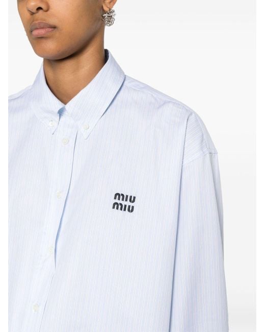 Miu Miu White Gestreiftes Hemd mit Logo-Stickerei
