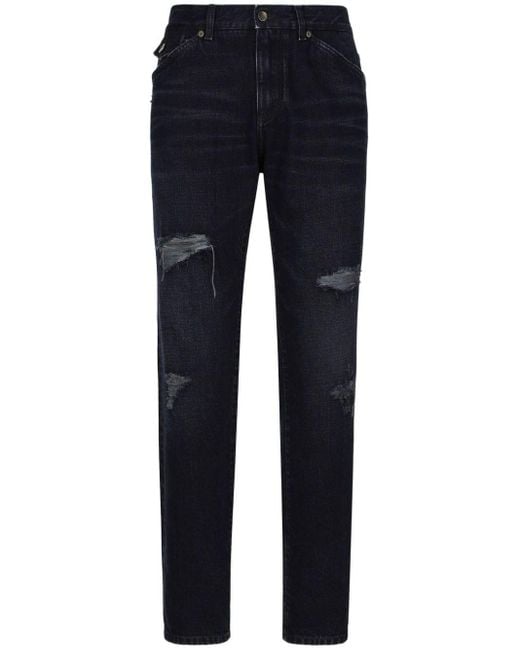 Dolce & Gabbana Blue Logo-appliqué Ripped-detail Straight-leg Jeans for men