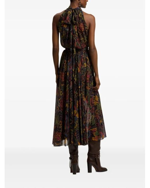 Ralph Lauren Brown High-Neck Floral-Print Midi Dress