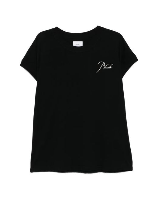 Rhude Black Classic Crew Neck T-Shirt With Embroidered Detail for men