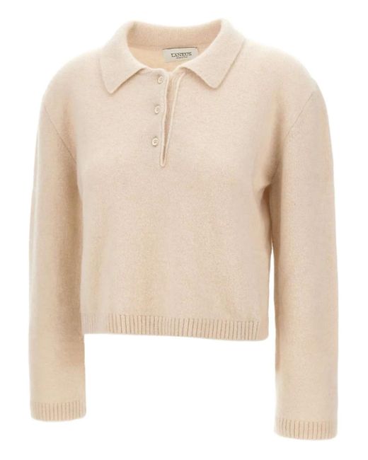 Laneus Natural Long-Sleeve Ribbed Polo Top
