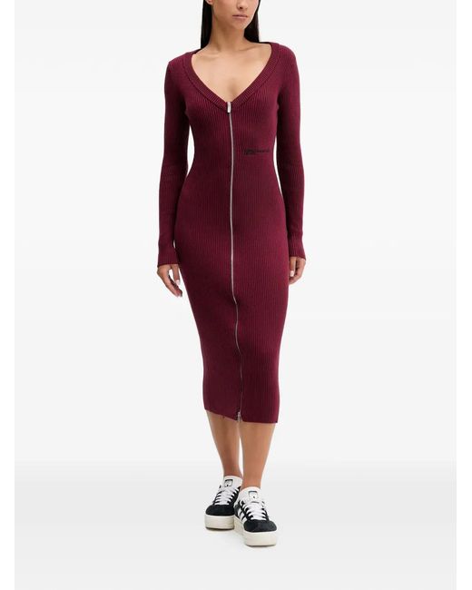 Karl Lagerfeld Red Zip-Fastening Ribbed Midi Dress