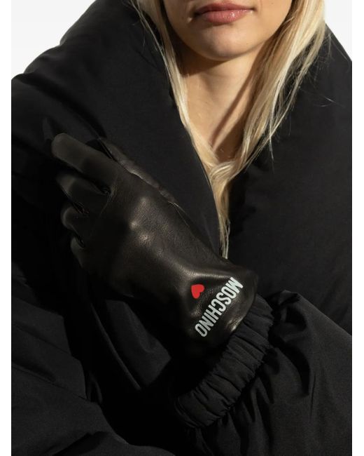 Moschino Black Logo-Heart Leather Gloves