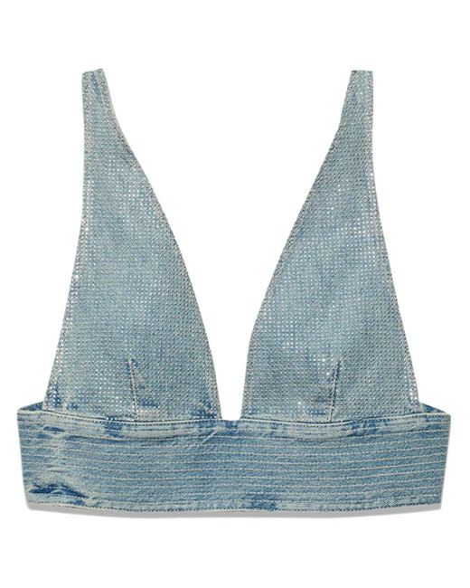 Purple Brand Blue Rhinestone-Embellished Denim Crop Top