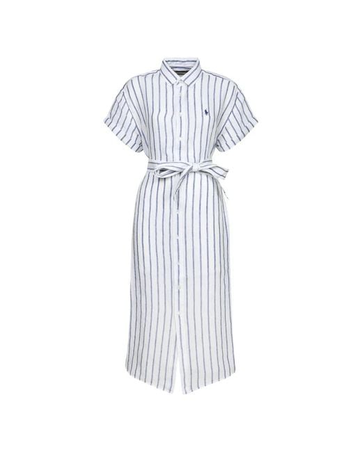 Polo Ralph Lauren White Striped-Pattern Tie-Waist Midi Shirt Dress