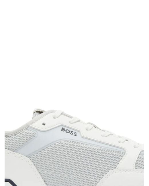 Boss White Mesh Panel Sneakers for men