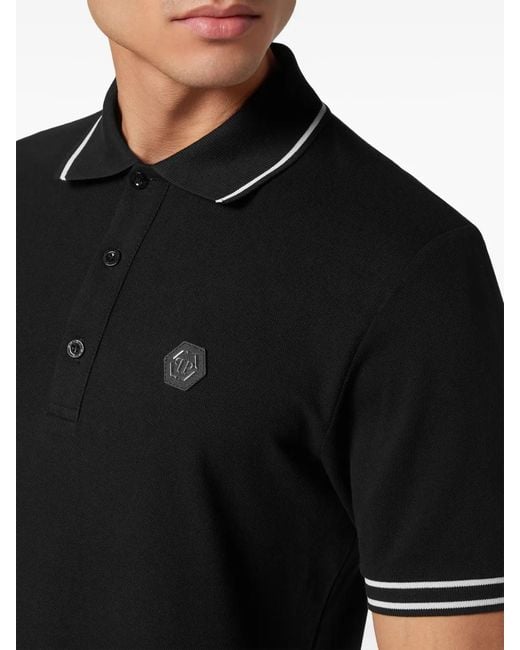 Philipp Plein Black Logo-Appliqué Cotton Polo Shirt for men