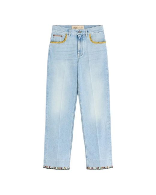 Valentino Garavani Blue Floral-Hem Faded Jeans