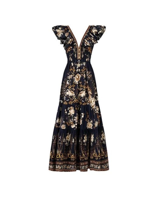Camilla Black Maxi Flamenco Folklore Ruffled Floral-Pattern Dress