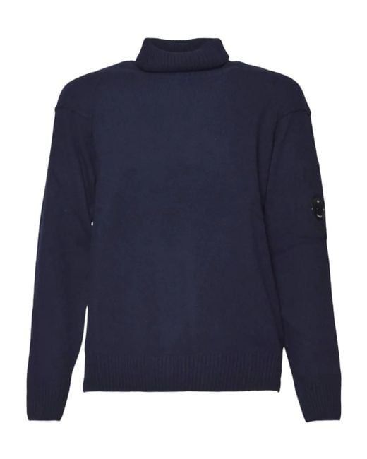 C P Company Blue Turtleneck Lens-Pocket Sweater for men