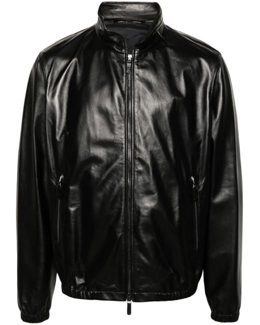 Veste En Cuir À Fermeture Zippée Giorgio Armani pour homme en coloris Black
