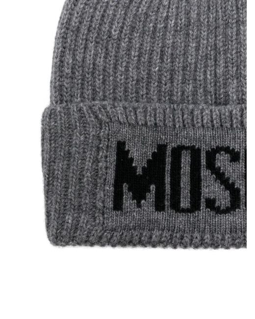 Moschino Gray Ribbed Logo Beanie