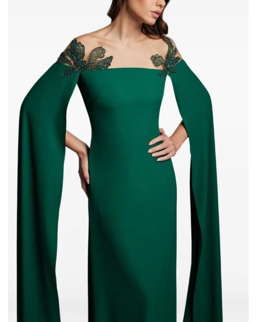 Cristallini Green Bead-Embellished Cape-Sleeve Maxi Dress