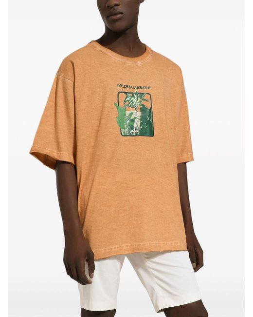 Dolce & Gabbana Green Leaf-print Cotton T-shirt for men