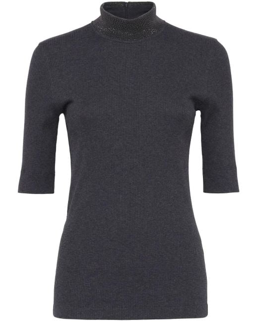 Brunello Cucinelli Blue High-neck Ribbed T-shirt