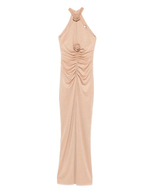 Nissa White Rose-Embellished Ruched Maxi Evening Dress