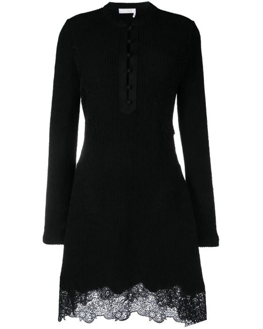 Chloé Black Lace-Panel Knitted Mini Dress