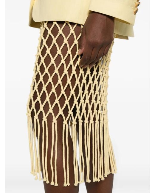 Frankie Shop Natural Tropea Macramé-Knit Fringed Midi Skirt