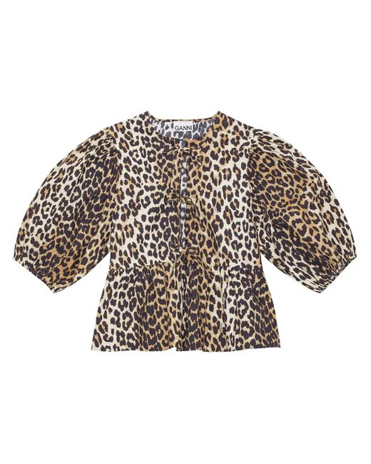 Ganni Brown Leopard-Print Organic-Cotton Blouse