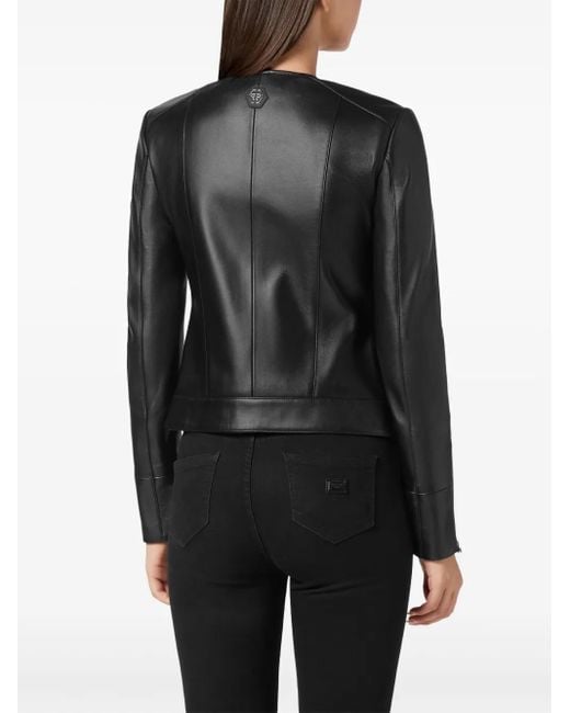 Philipp Plein Black Zip-Front Leather Biker Jacket