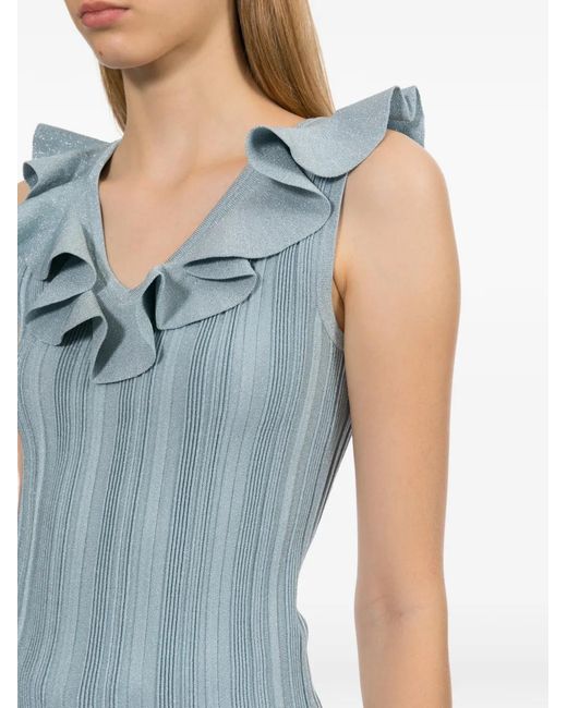 Zimmermann Blue Ruffled Ribbed-Knit Top