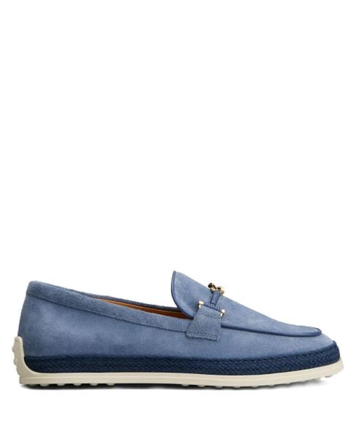 Tod's Blue Rafia-Trimmed Suede Loafers