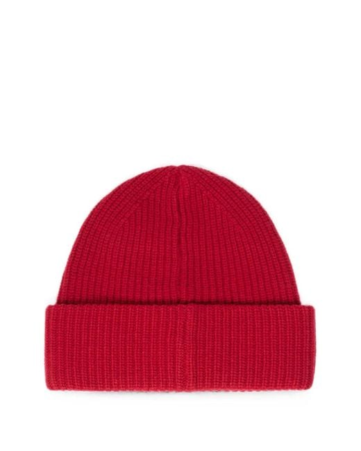 Pinko Red Ribbed-Knit Logo-Patch Beanie Hat