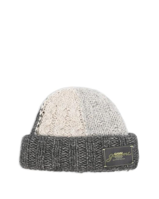Ganni Gray Logo-Appliqué Beanie