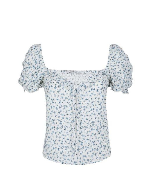 Mar De Margaritas Blue Letizia Floral Puff-Sleeve Blouse