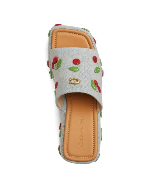 COACH White Cherry-Embroidered Wedge Sandals