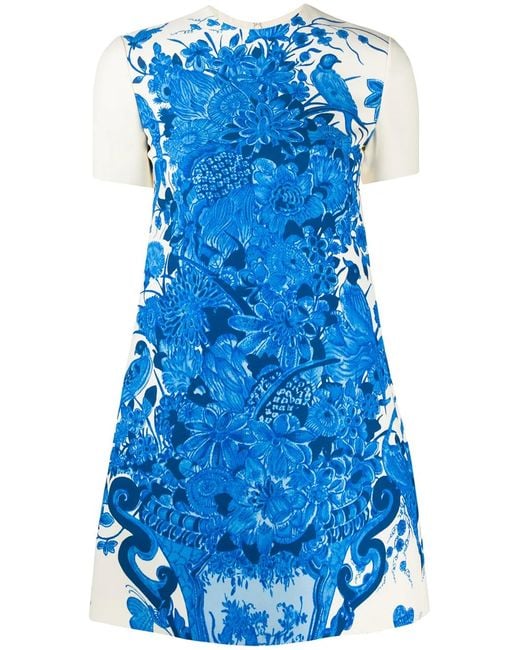 Valentino Garavani Blue Floral Print Short-Sleeve Dress