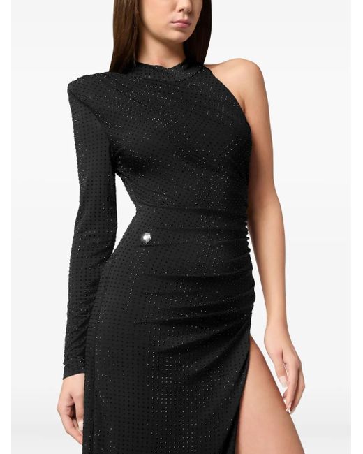 Philipp Plein Black Jersey Long Dress Mono Sleeve Strass