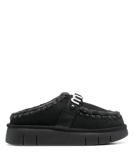 Mou Black Mules Aus Schafsleder Mit Logo-Schild