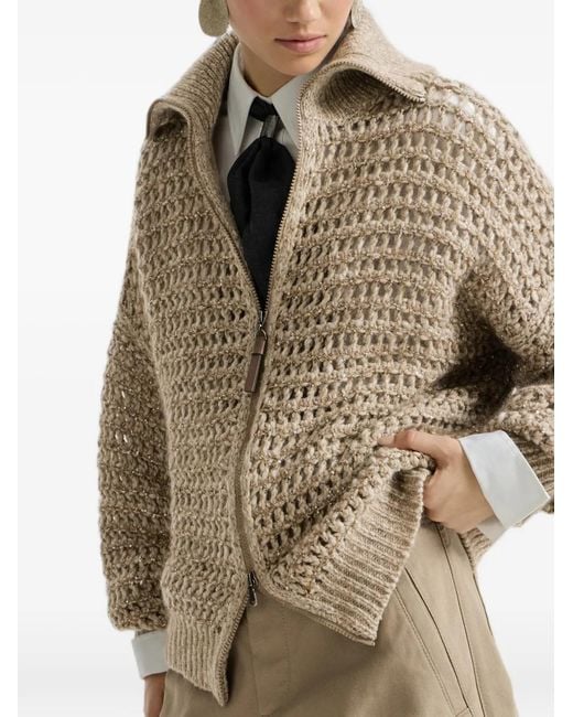 Brunello Cucinelli Natural Dazzling Soft Virgin Wool And Cashmere Net Cardigan