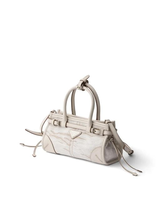 Prada Natural Bonnie Small Printed Linen And Leather Handbag