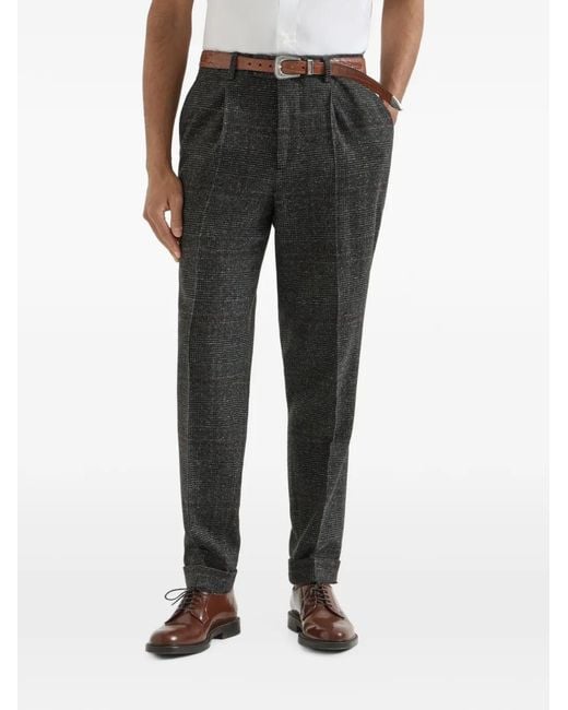 Brunello Cucinelli Black Silk, Wool And Cashmere Prince Of Wales Flannel Trousers With Pleat for men