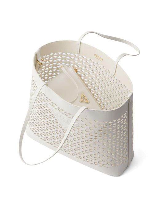 Prada White Handtasche aus Faux-Leder mit perforiertem Logo