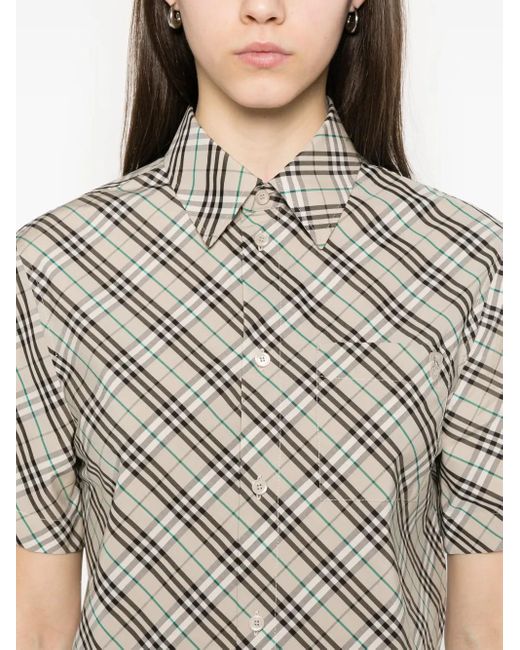 Burberry Gray Cropped Plaid Shirt With Collared Neckline
