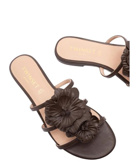 Twinset Brown Flat Leather Sandals With Flower