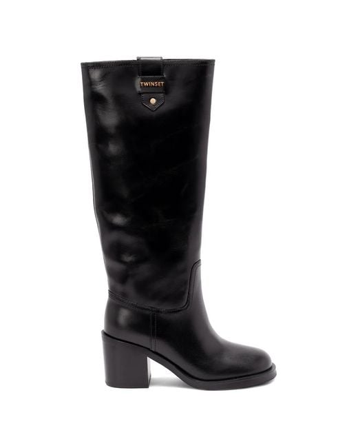 Twinset Black Logo-Plaque Block-Heel Boots