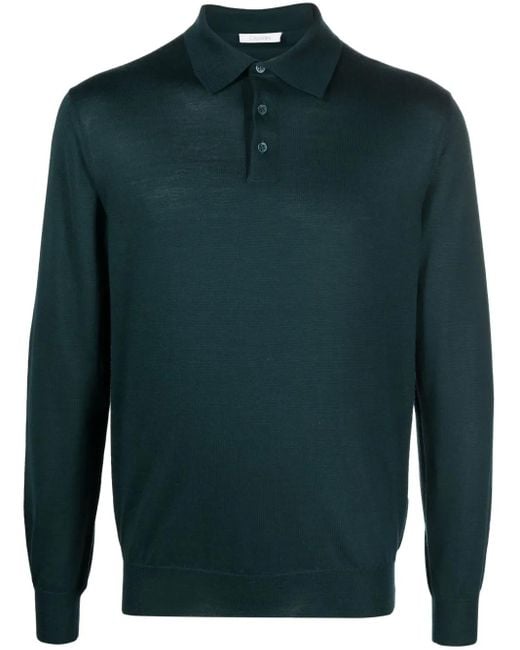 Cruciani Green Fine-Knit Long-Sleeved Polo Shirt for men