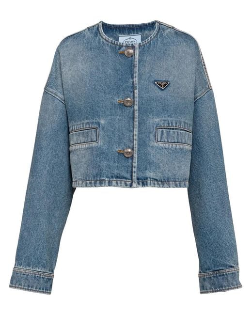 Prada Blue Denim Collarless Jacket