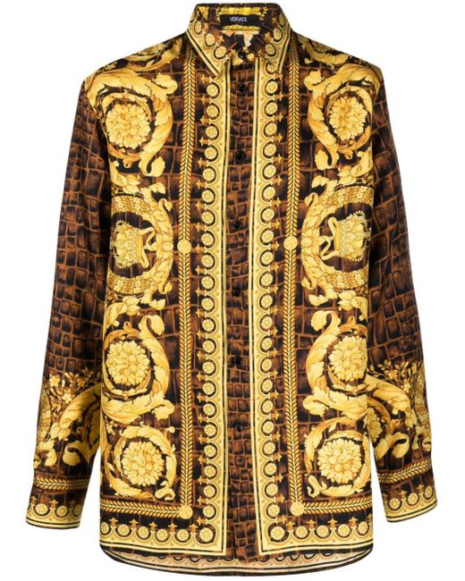 Camicia in seta a stampa di Versace in Yellow da Uomo