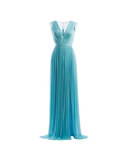 IMROSKA Blue Cupro Pleated Side-Slit Draped Maxi Dress