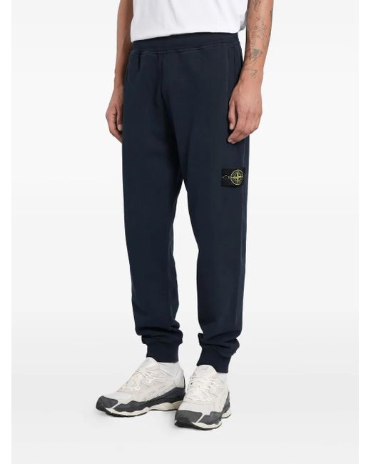 Stone Island Blue Cuffed Logo-Patch Tack Pants for men