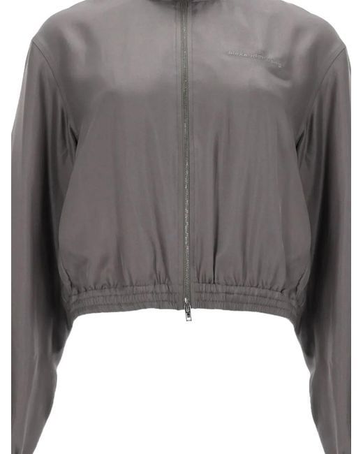 Alexander Wang Gray Silk Twill Cropped Track Jacket