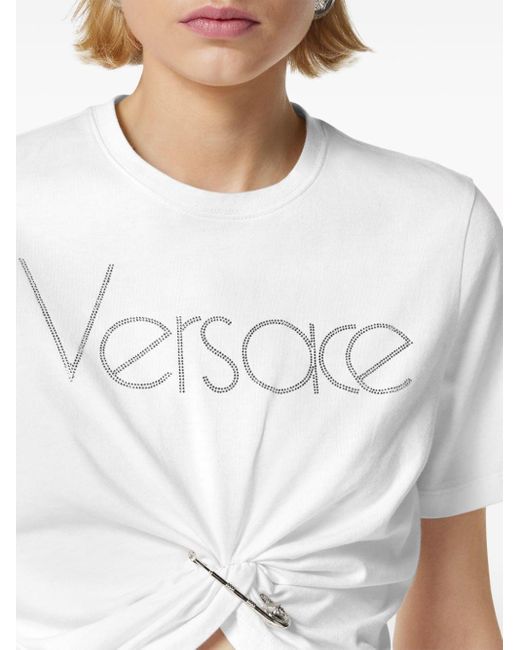 T-shirt crop à logo strassé Versace en coloris White