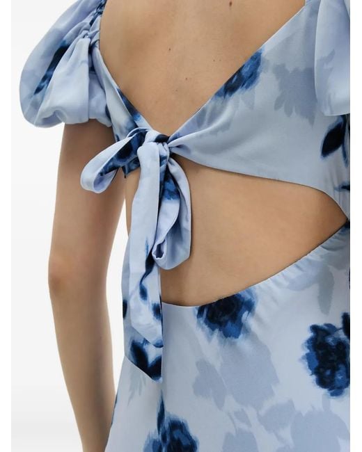 Abercrombie & Fitch Blue Floral-Print Puff-Sleeve Midi Dress
